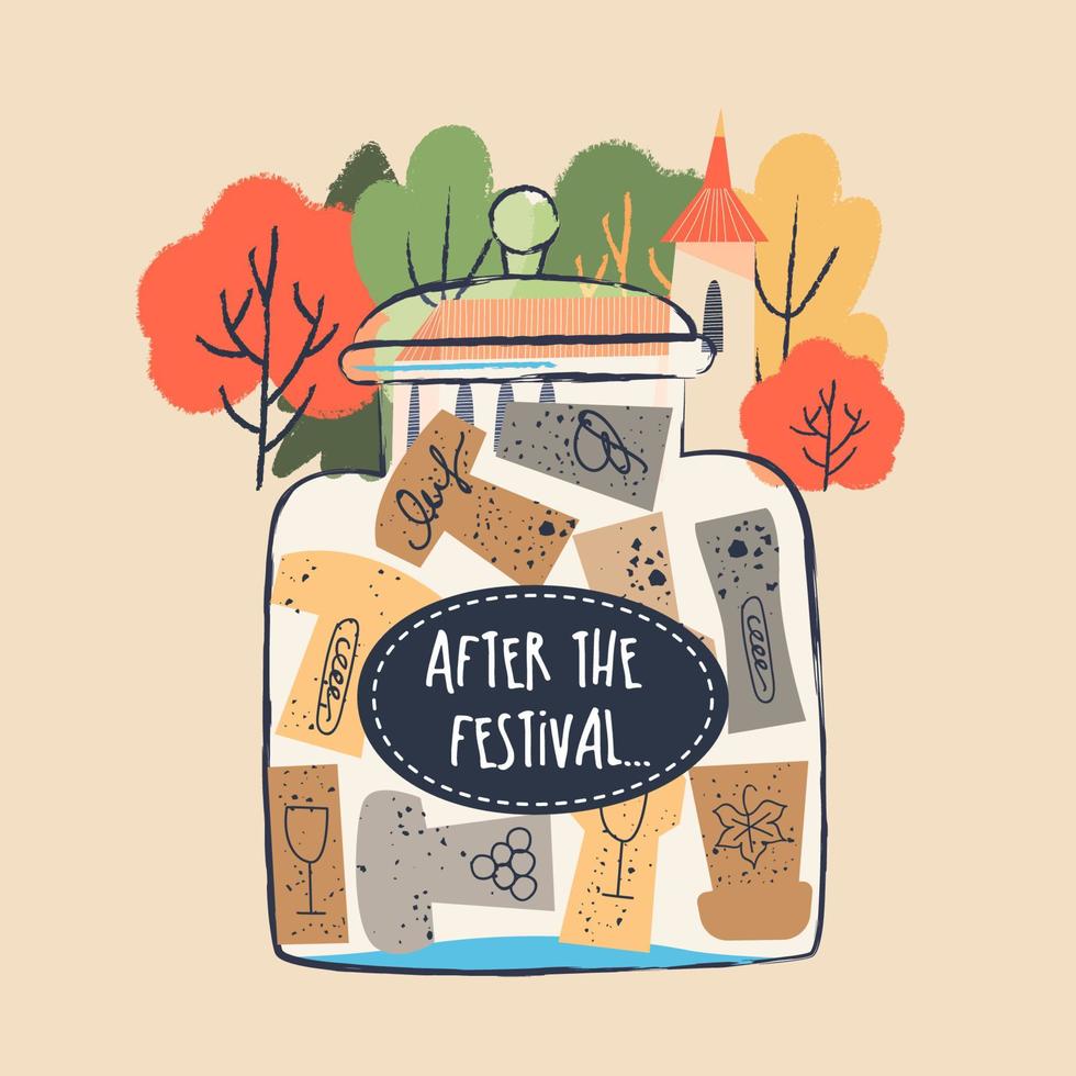 Glass jar with a collection of wine corks. Vector illustration.