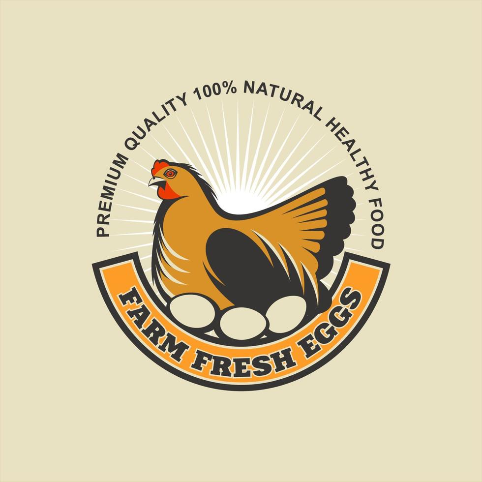 Fresh farm eggs. Vector logo, sign. The image of the chicken sitting on eggs.