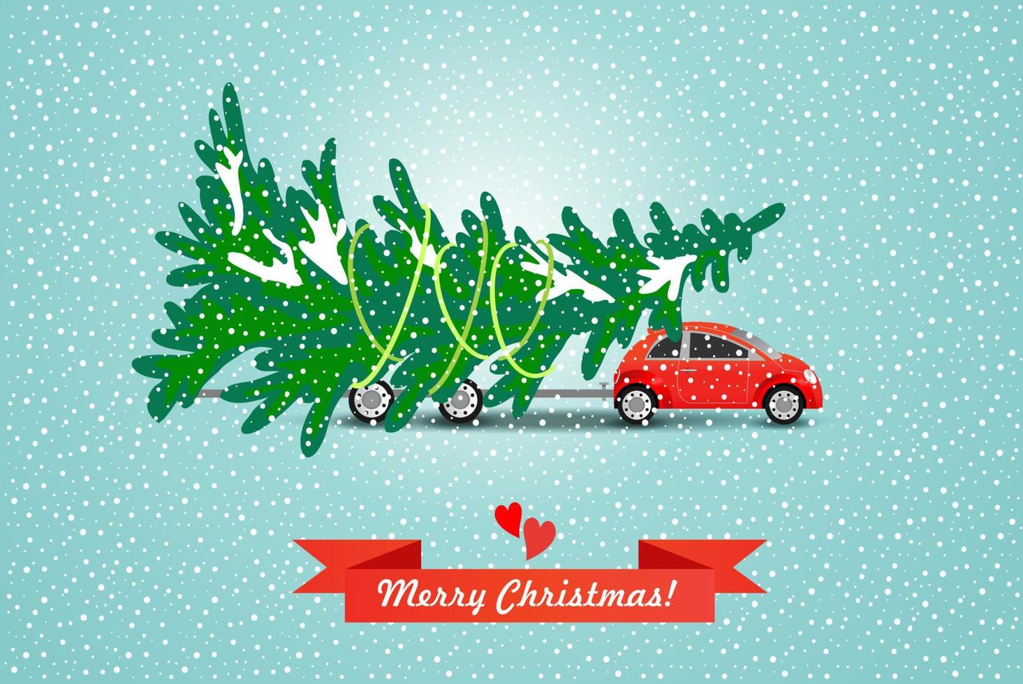 Red car carries the Christmas tree. Vector illustration.