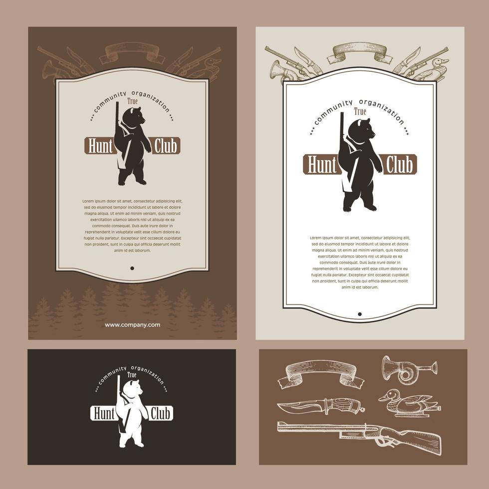 Set of corporate identity elements. Bear with a gun. Hunting club. Logo, emblem. vector