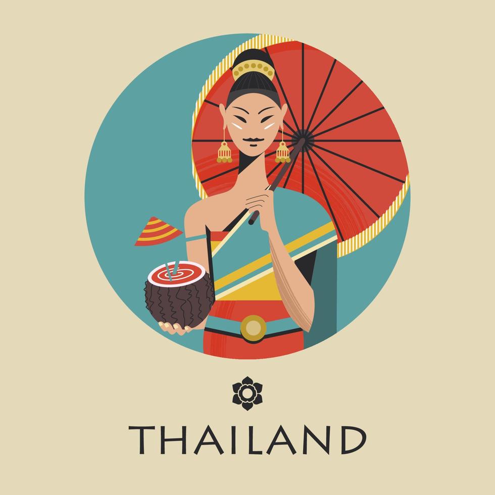 Thai beautiful girl in national Thai dress with coconut cocktail in hand. Vector illustration.