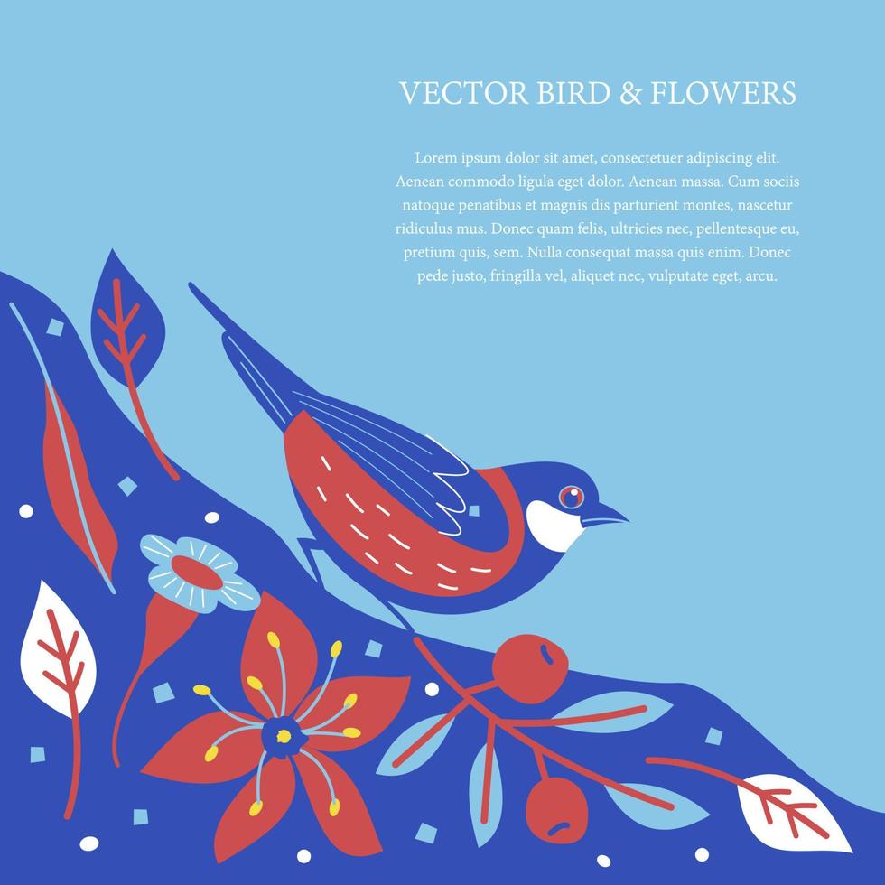 Lovely birds, berries, flowers and branches. Vector illustration.