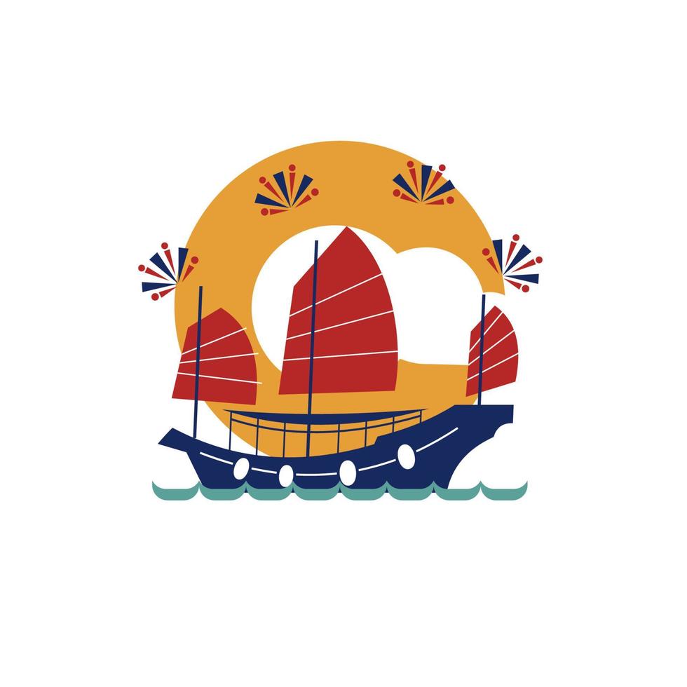 Chinese traditional junk boat. Vector illustration, icon. Isolated on white background.