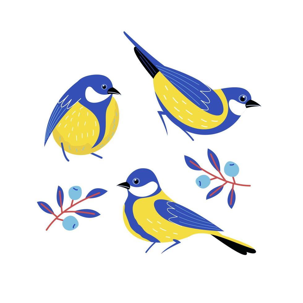 Lovely birds, berries, flowers and branches. Vector illustration.