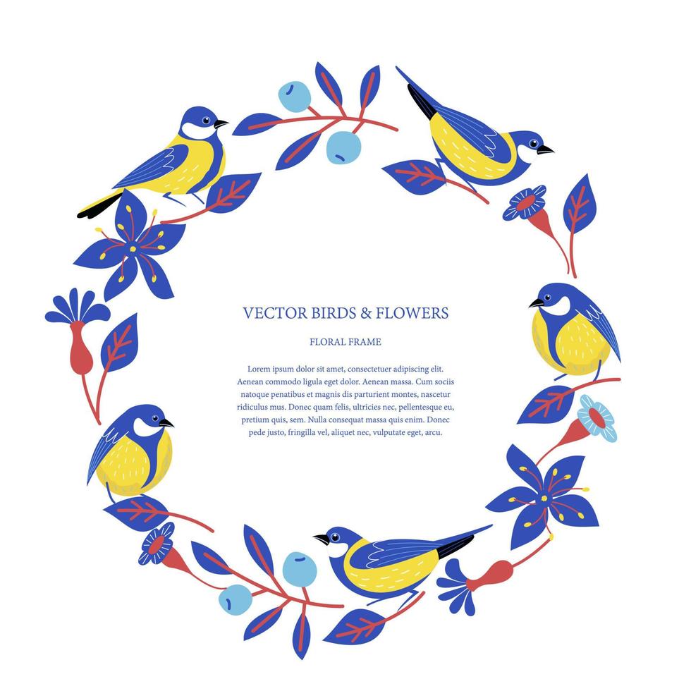 Lovely birds, berries, flowers and branches. Vector illustration.