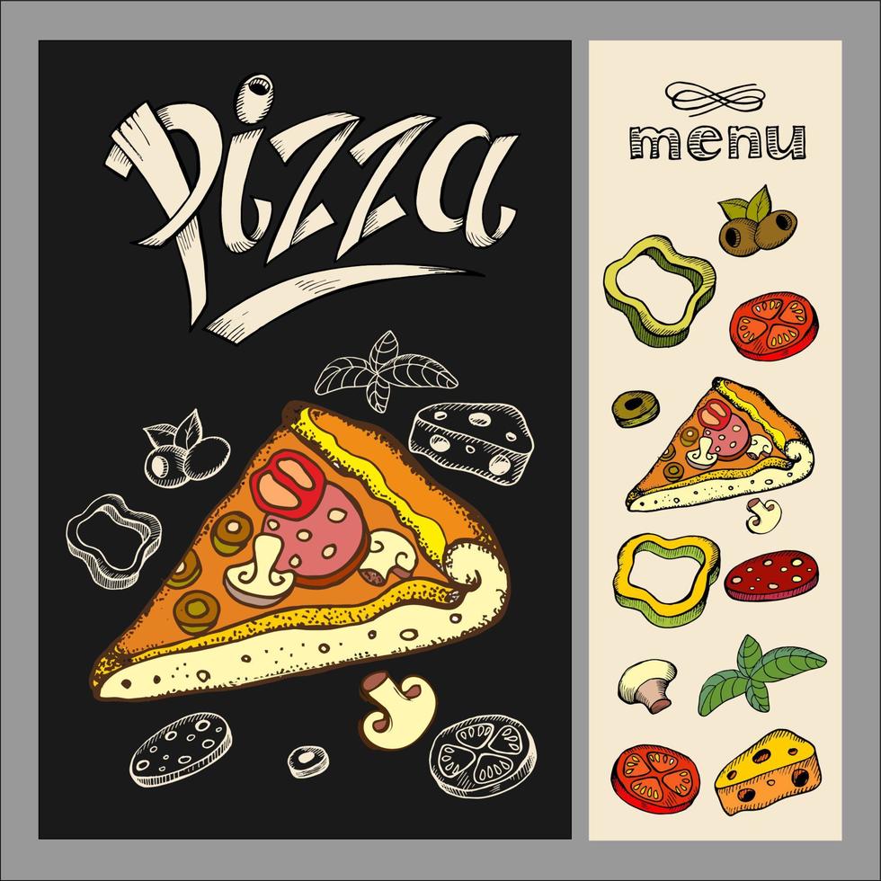 Pizza. Pizza drawing with chalk on black Board. Hand drawn vector