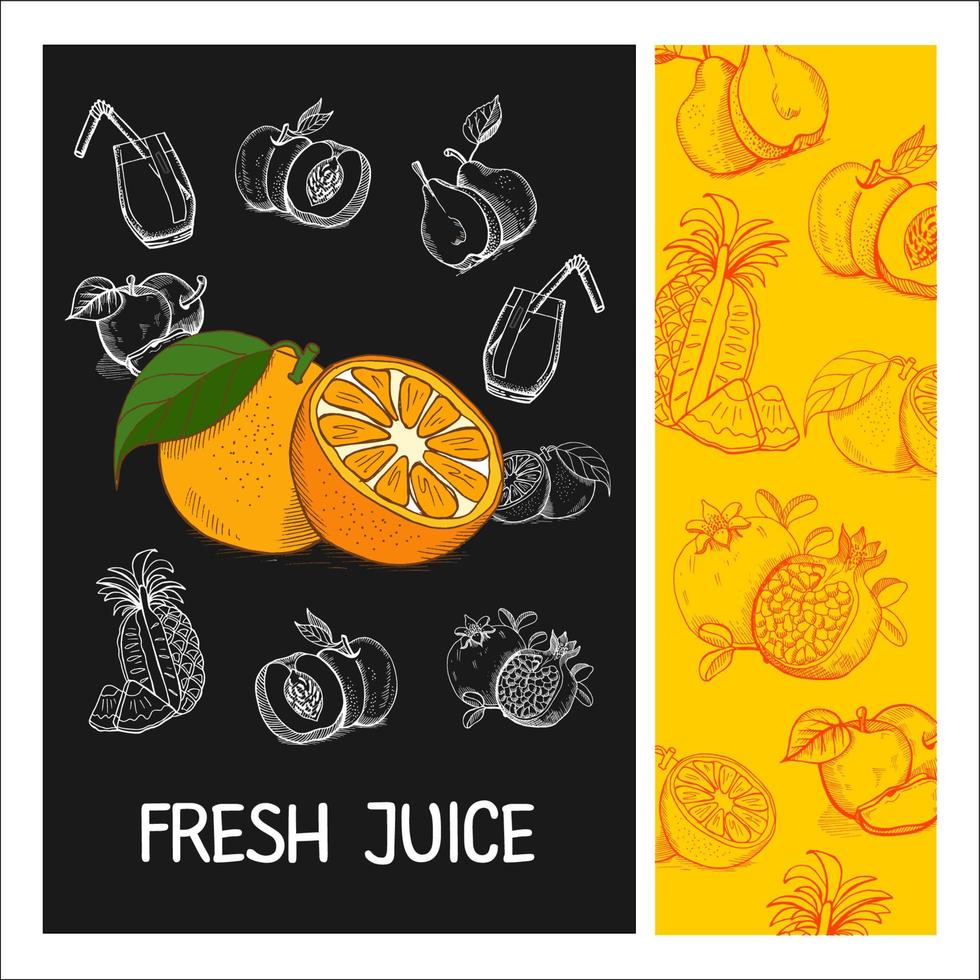 zumo de naranja. Fruta. ilustración vectorial. fruta dibujada con tiza en una pizarra. Ilustración de vector dibujado a mano.