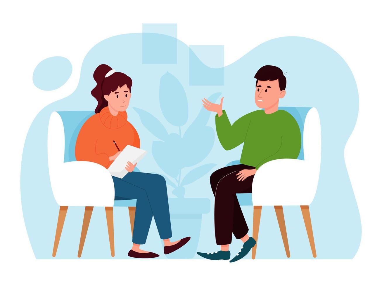 Psychotherapy session. A man tells a psychologist about his problems. Mental health concept. Vector illustration