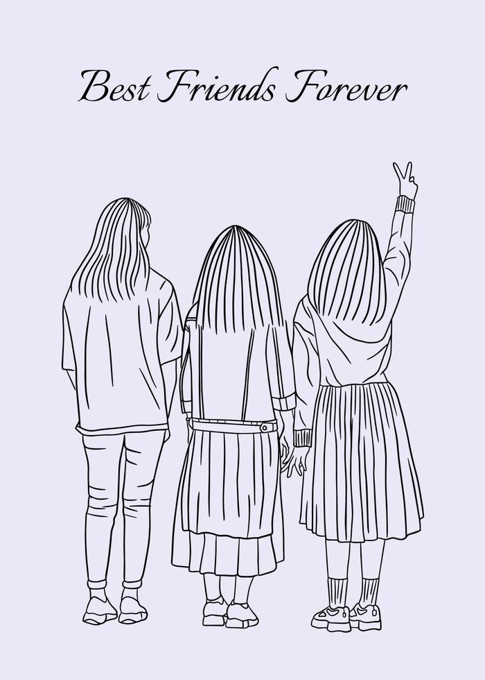 mejores amigos mujeres felices niñas línea artes estilo dibujado a mano ilustración incoloro vector