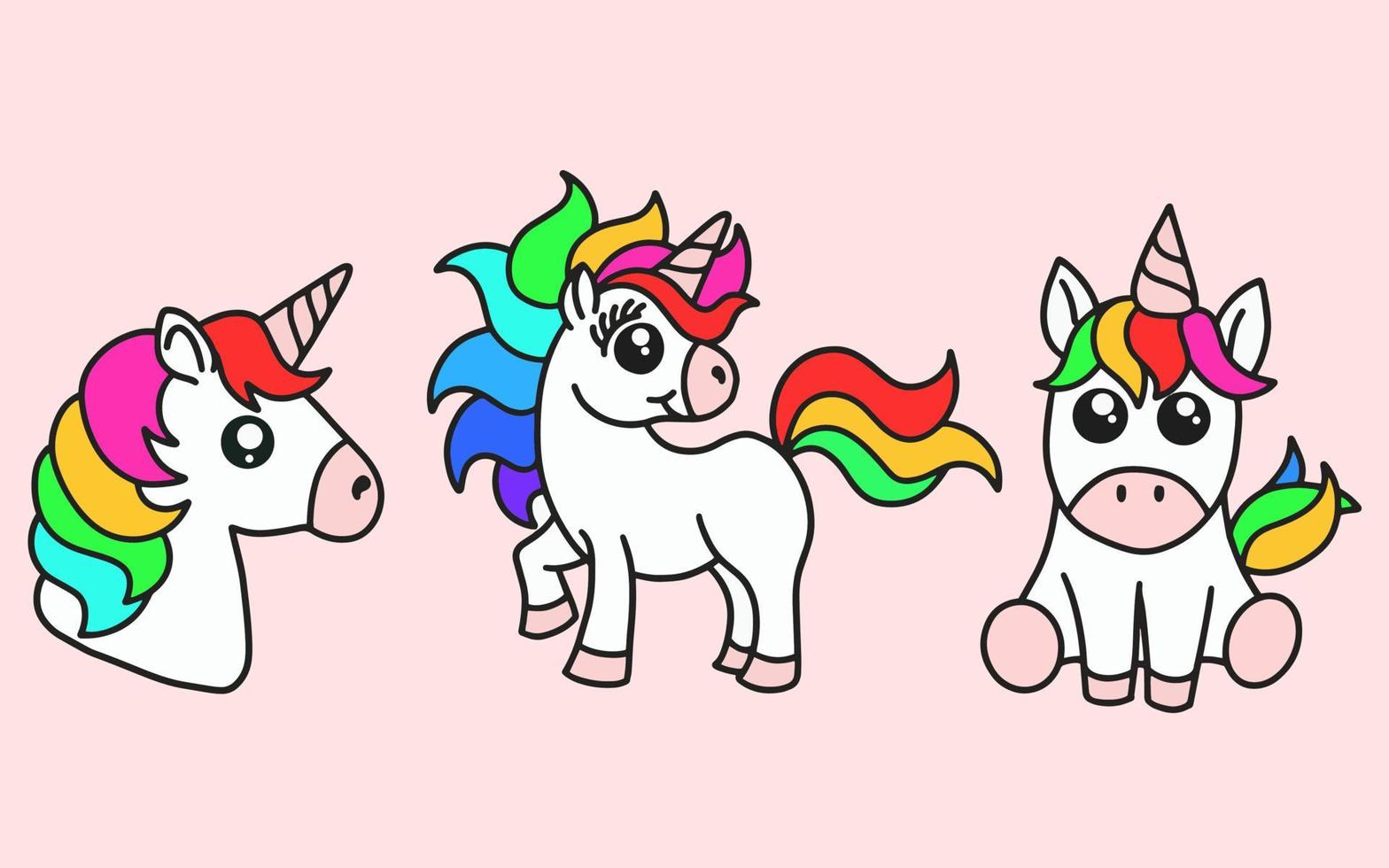 conjunto de lindo colorido unicornio caballo mágico doodle dibujos animados animal mascota personaje feliz colección ilustración vector