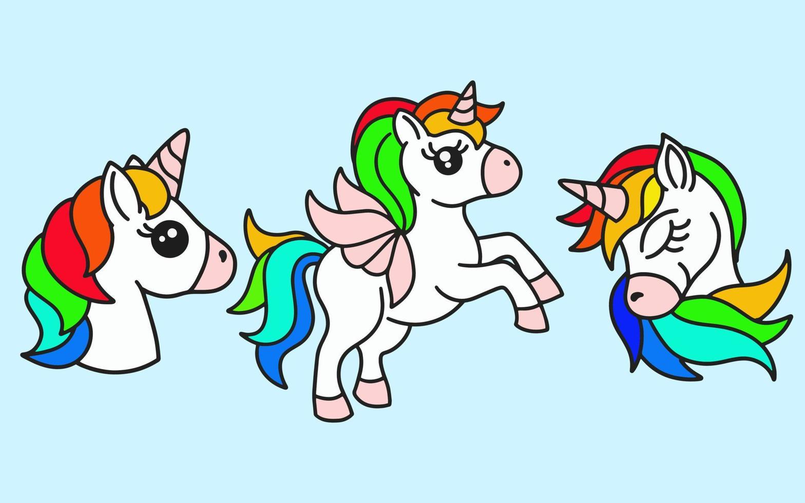 conjunto de lindo colorido unicornio caballo mágico doodle dibujos animados animal mascota personaje feliz colección ilustración vector