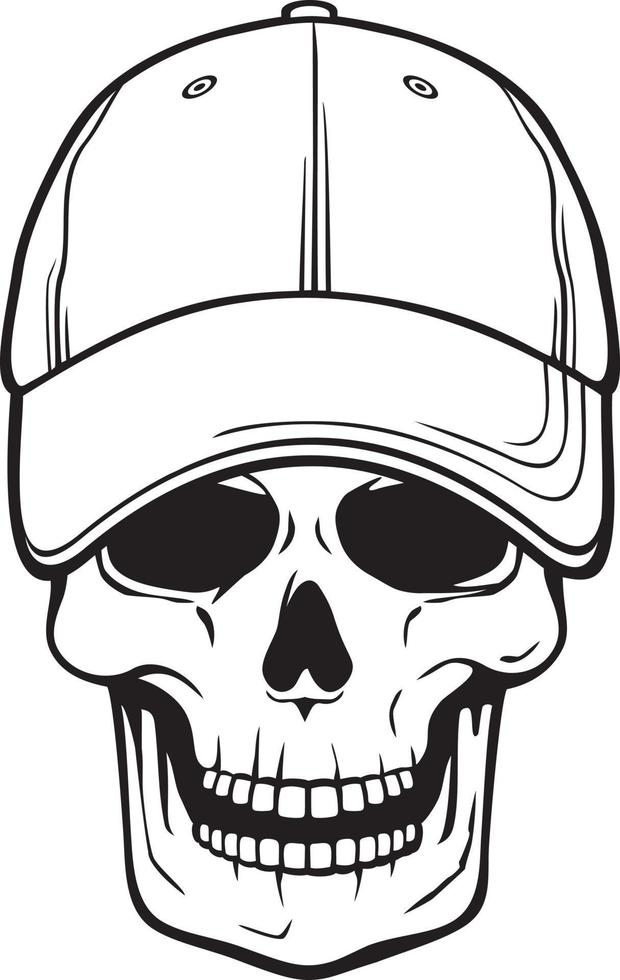 Skull with baseball cap black and white vector illustration