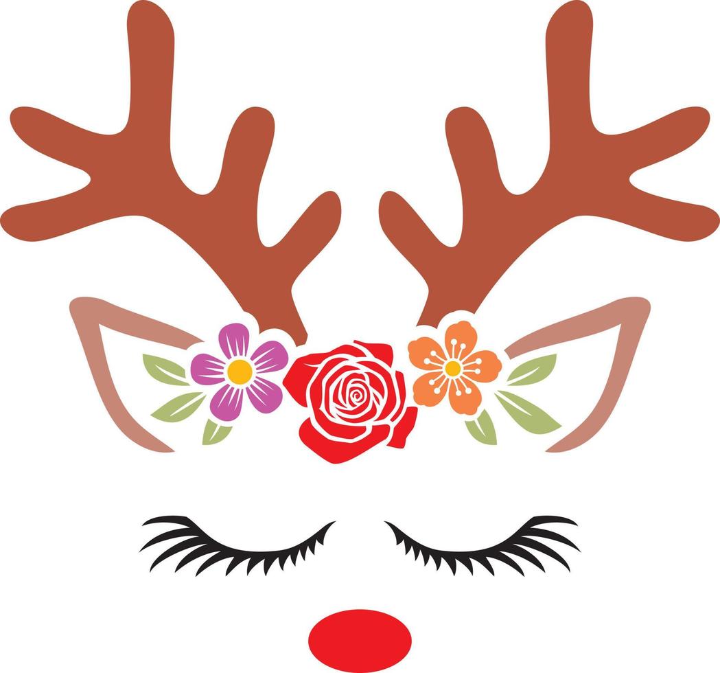 Christmas Reindeer with Flowers Vector Illustration
