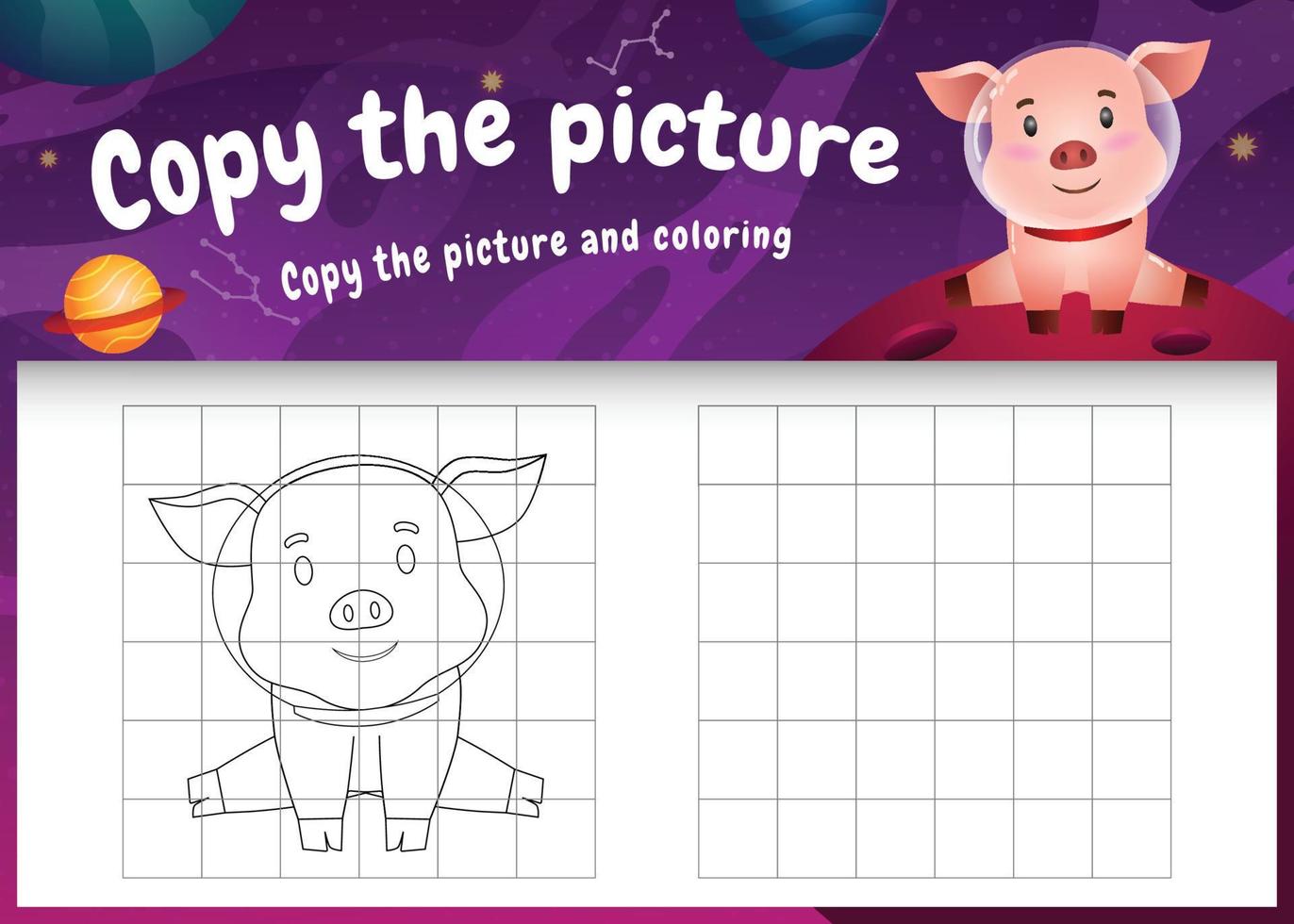 copy the picture kids game and coloring page with a cute pig in the space galaxy vector