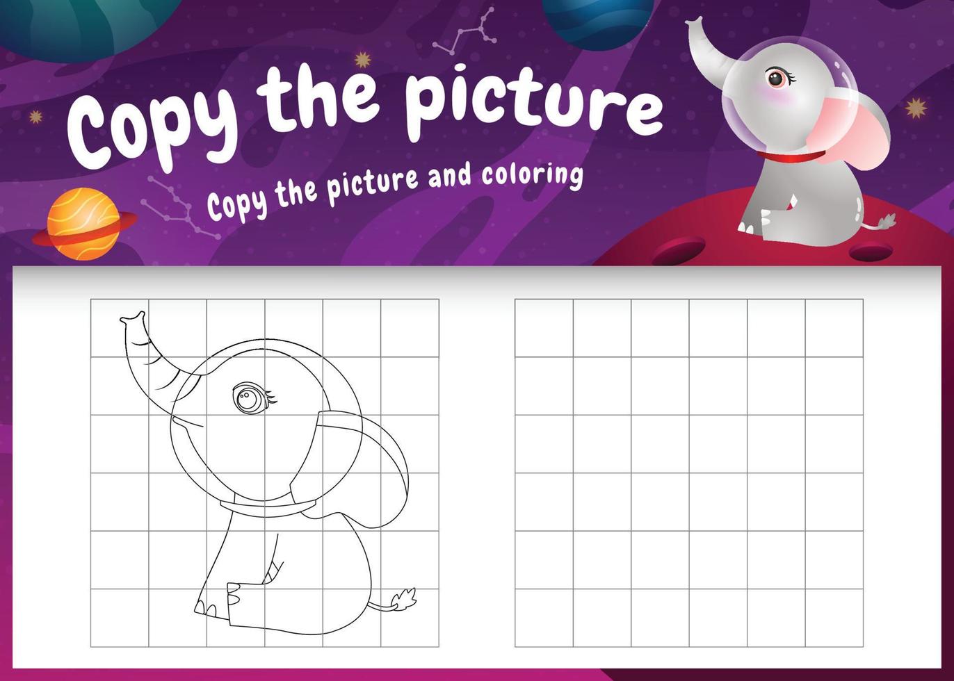 copy the picture kids game and coloring page with a cute elephant in the space galaxy vector