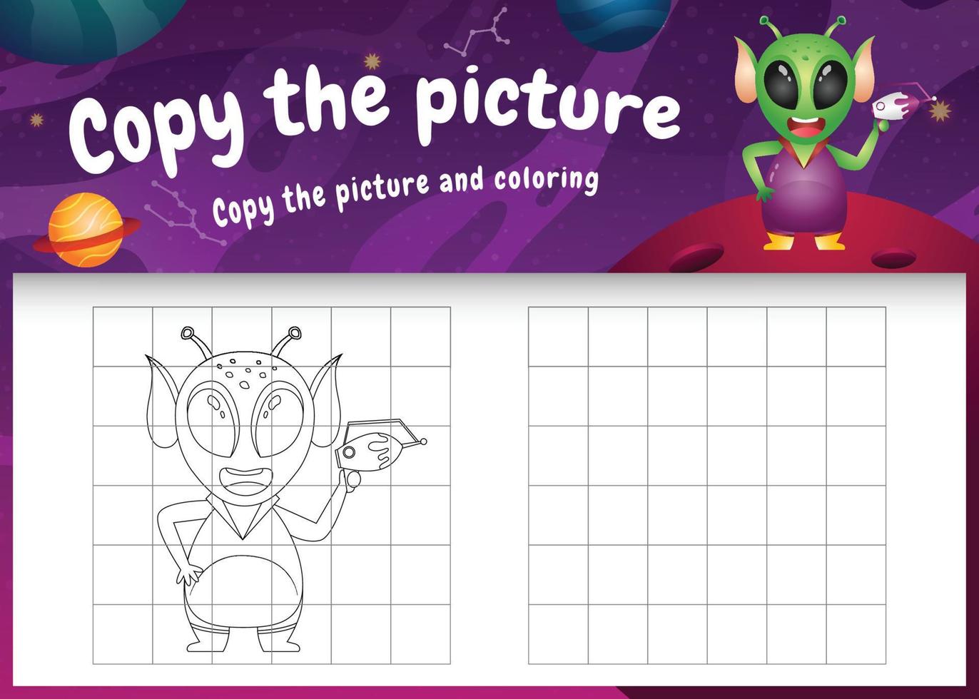 copy the picture kids game and coloring page with a cute alien in the space galaxy vector