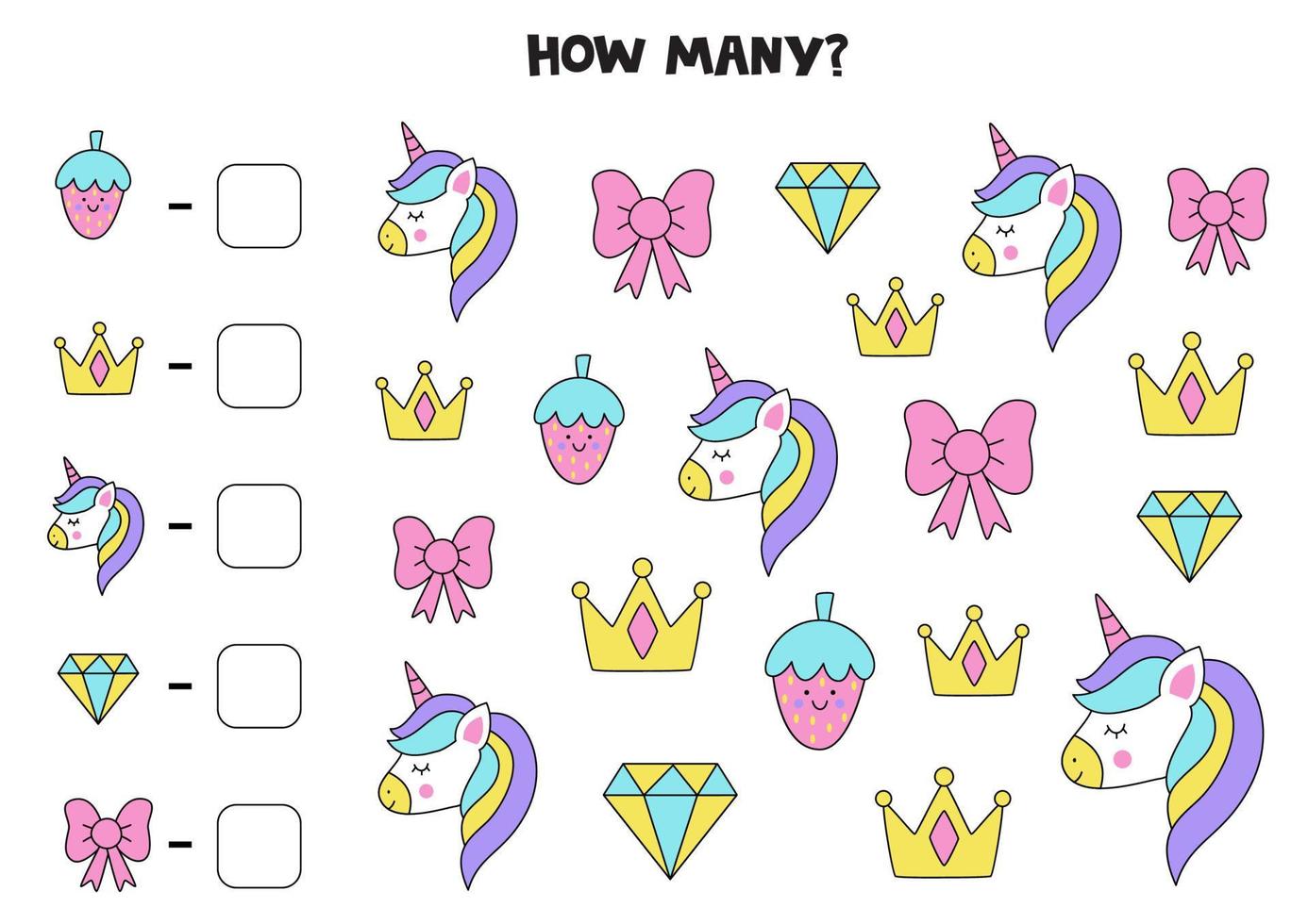 Counting game with unicorn elements. Math worksheet. vector