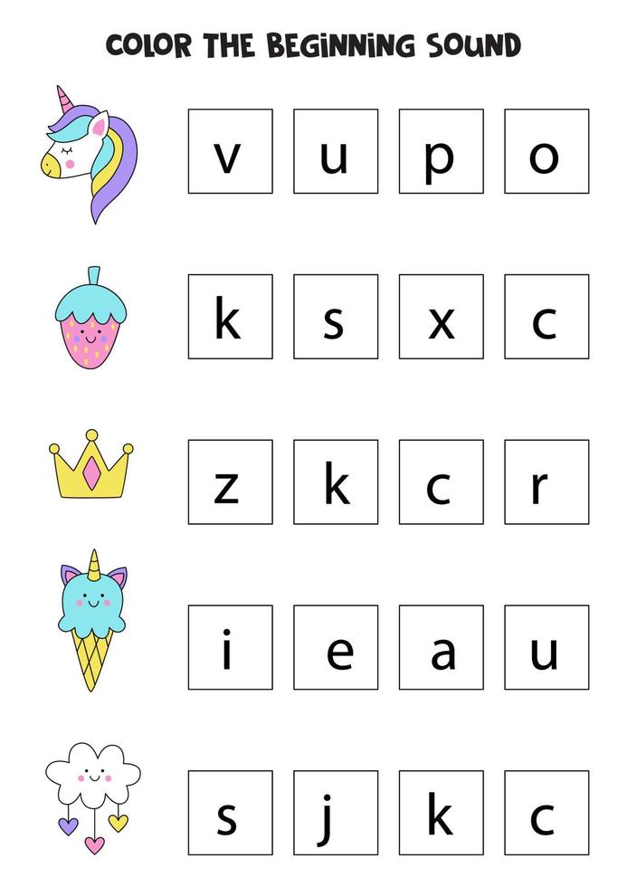 Learning English language for children. Color the beginning sound. vector