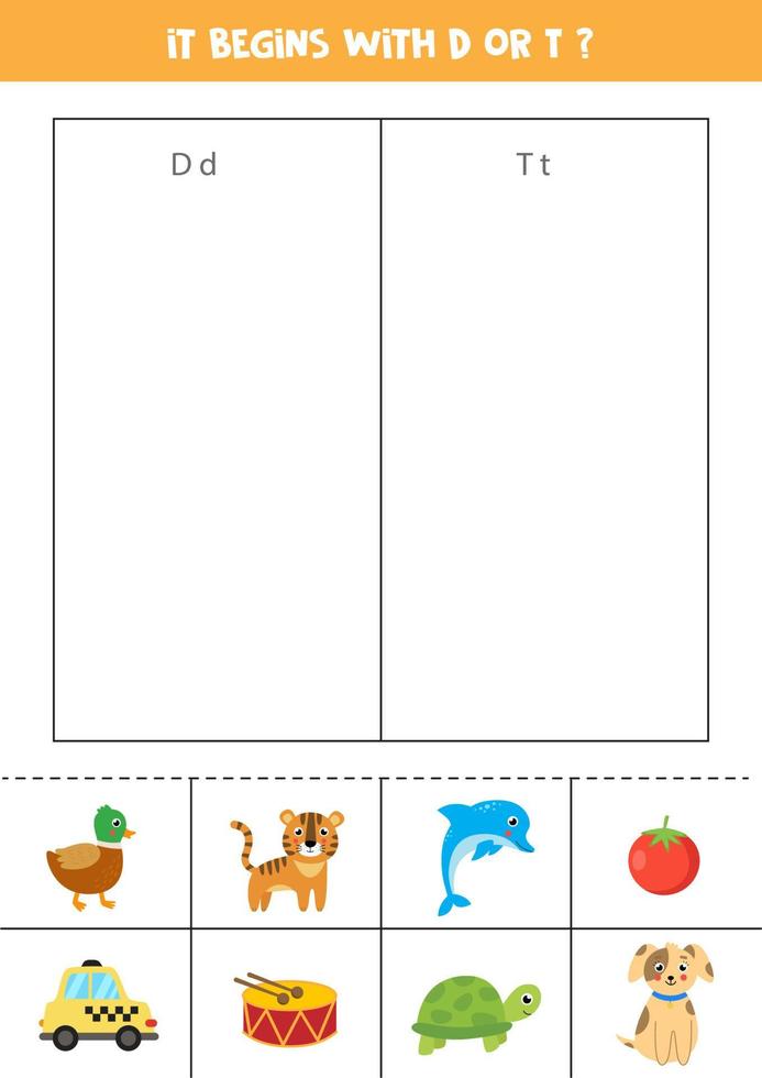 It begins with letter D or T. Sort pictures. vector