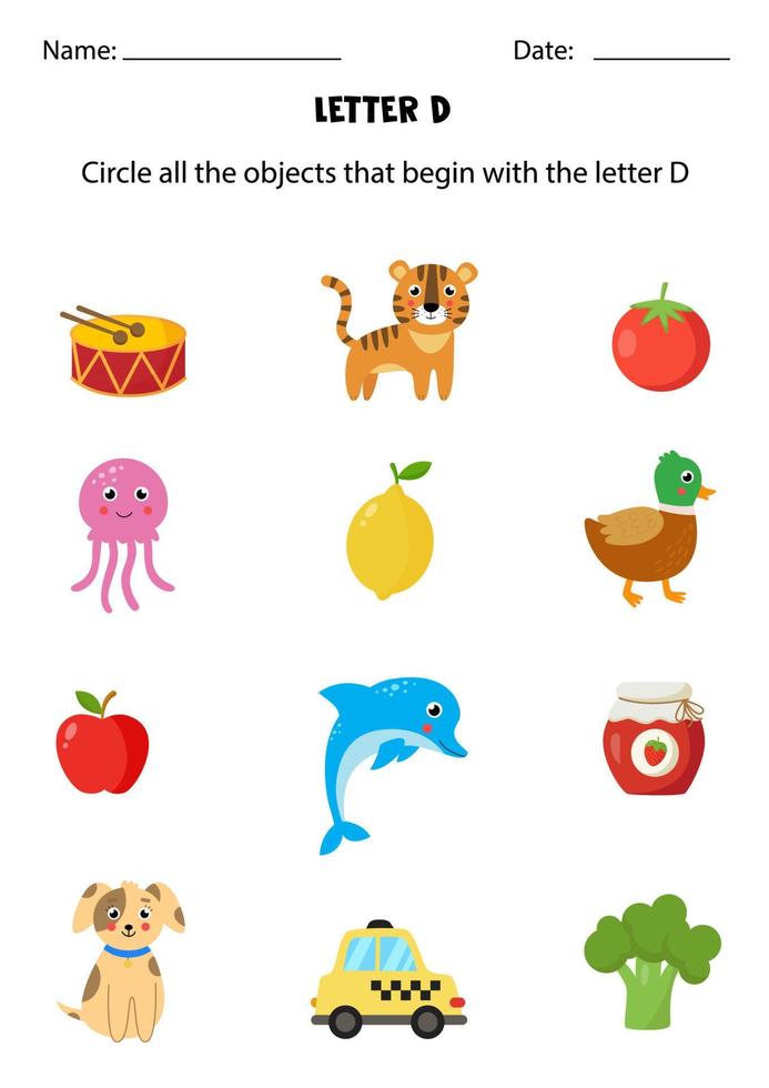 Letter recognition for kids. Circle all objects that start with D. vector