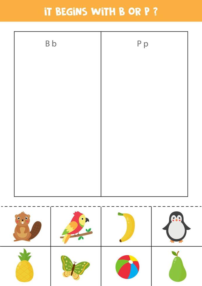 It begins with letter P or B. Sort pictures. vector