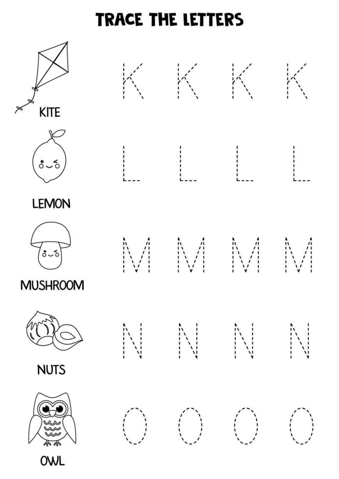 aprendizaje del alfabeto. rastreo de letras. hoja de trabajo en blanco y negro. vector