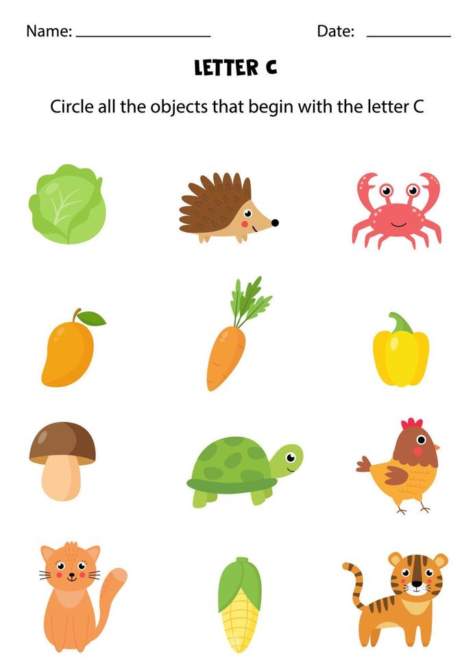 Letter recognition for kids. Circle all objects that start with C. vector