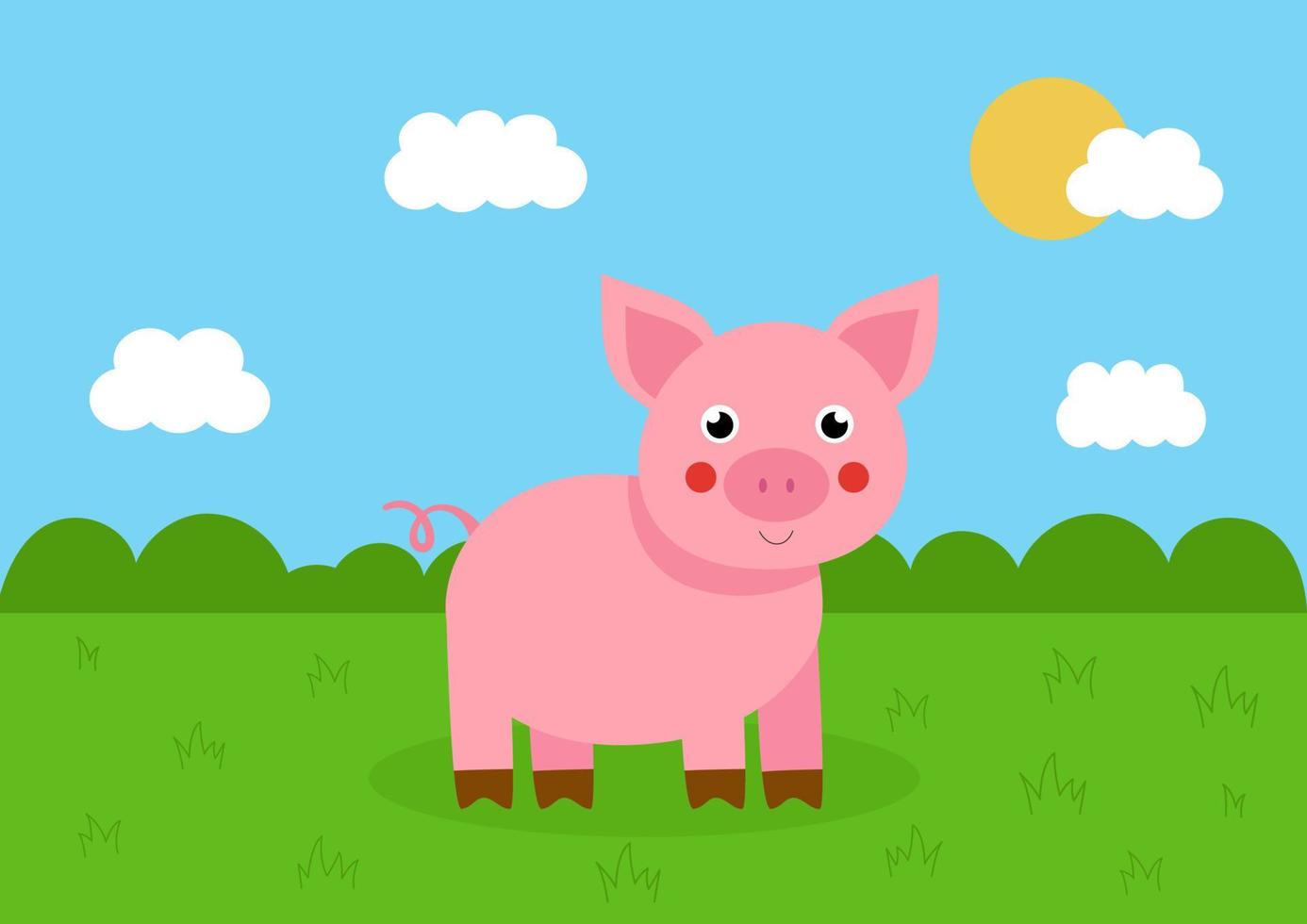 Cute summer landscape with cartoon pink pig. vector