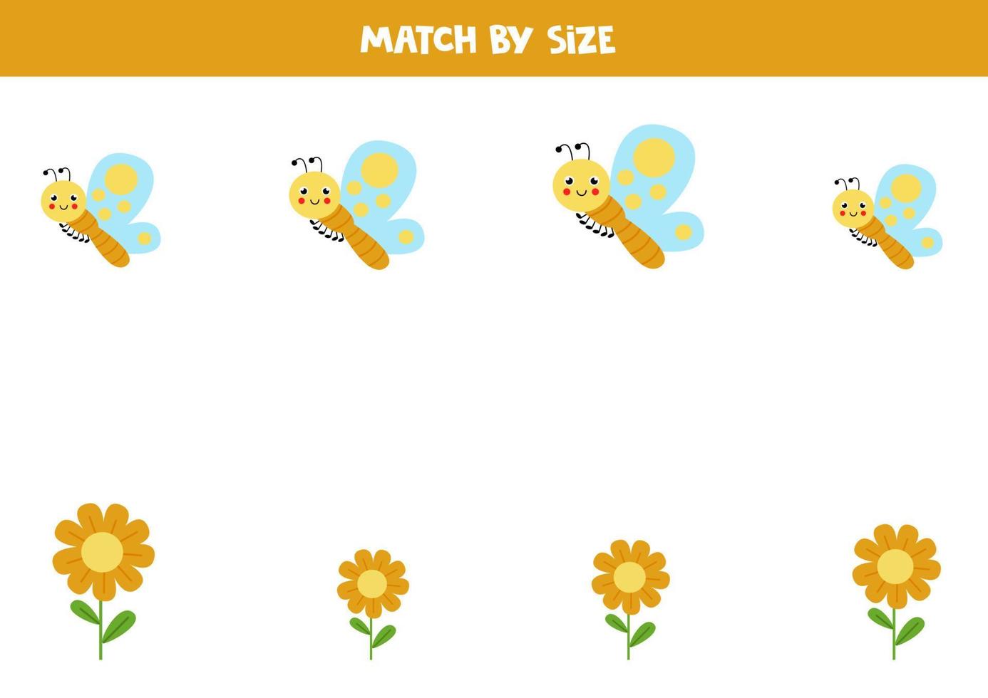 Matching game for preschool kids. Match butterflies and flowers by size. vector
