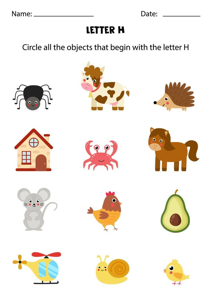 reconocimiento de letras para niños. encierra en un círculo todos los  objetos que comienzan con h. 4862999 Vector en Vecteezy