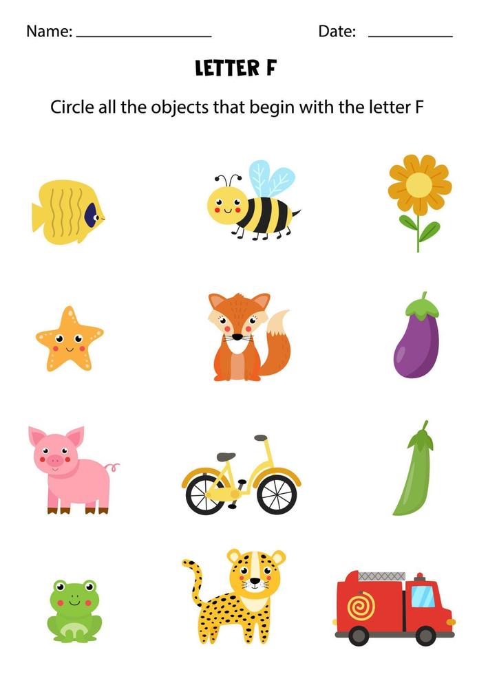 Letter recognition for kids. Circle all objects that start with F. vector