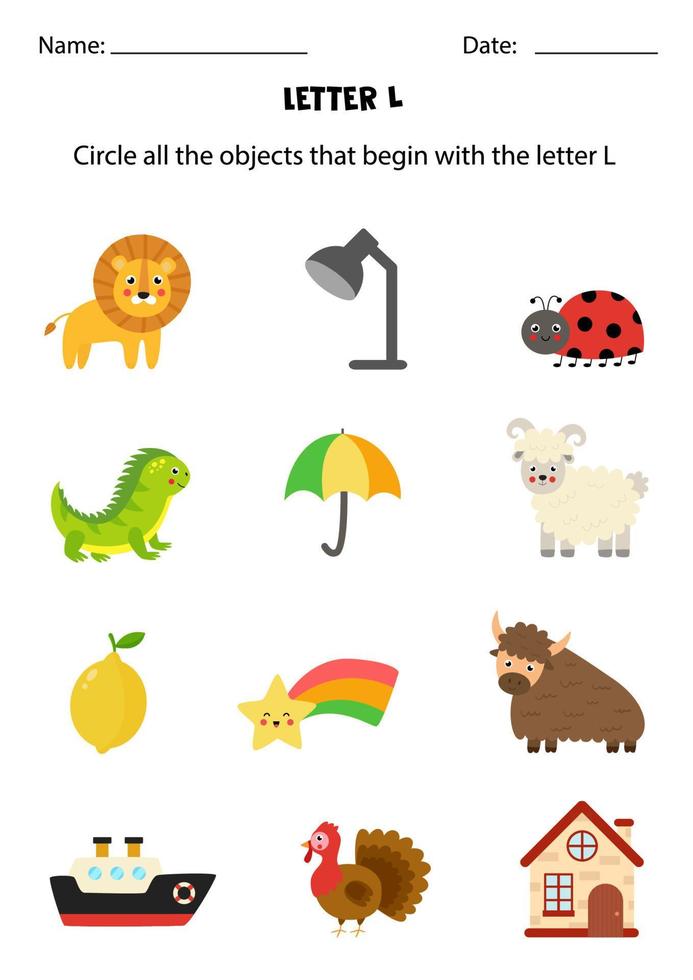 reconocimiento de letras para niños. encierra en un círculo todos los objetos que comienzan con l. 4863012 Vector en Vecteezy reconocimiento de letras para niños. encierra en un círculo todos los objetos que comienzan con l. 4863012 Vector en Vecteezy