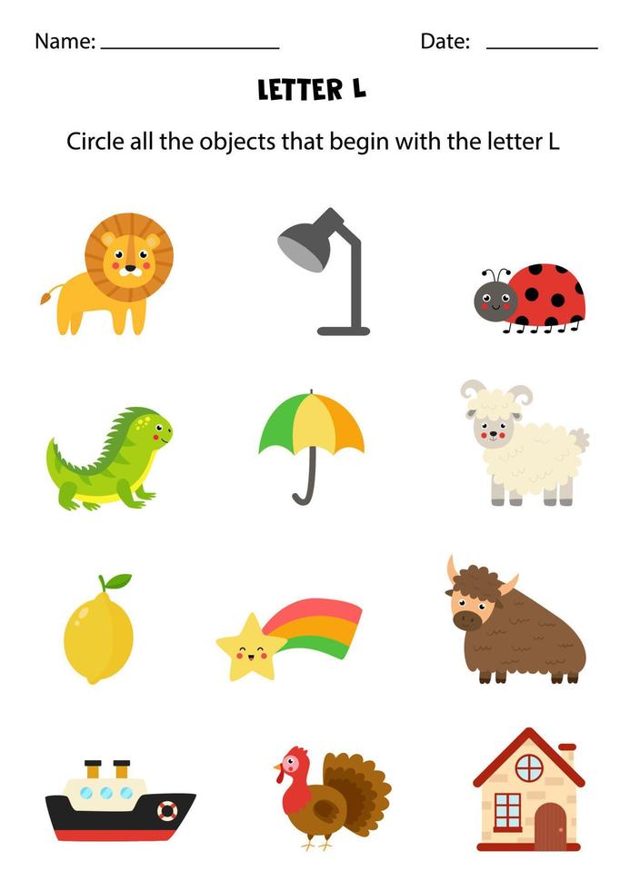 Letter recognition for kids. Circle all objects that start with L. vector