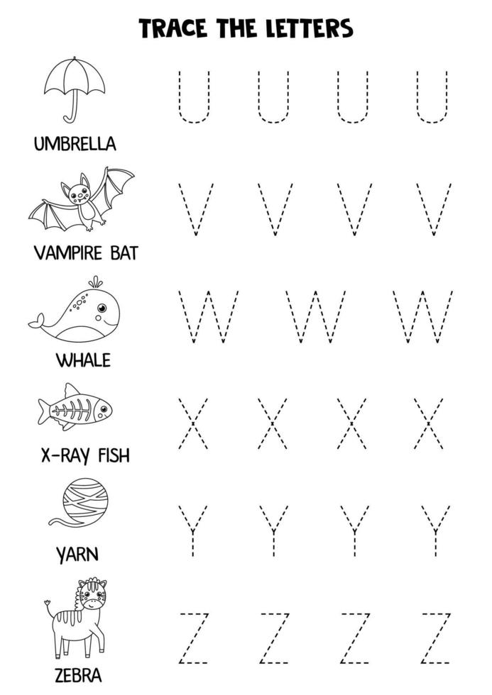 Learning alphabet. Tracing letters. Black and white worksheet. vector