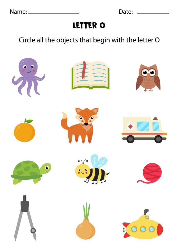 Letter recognition for kids. Circle all objects that start with O. vector