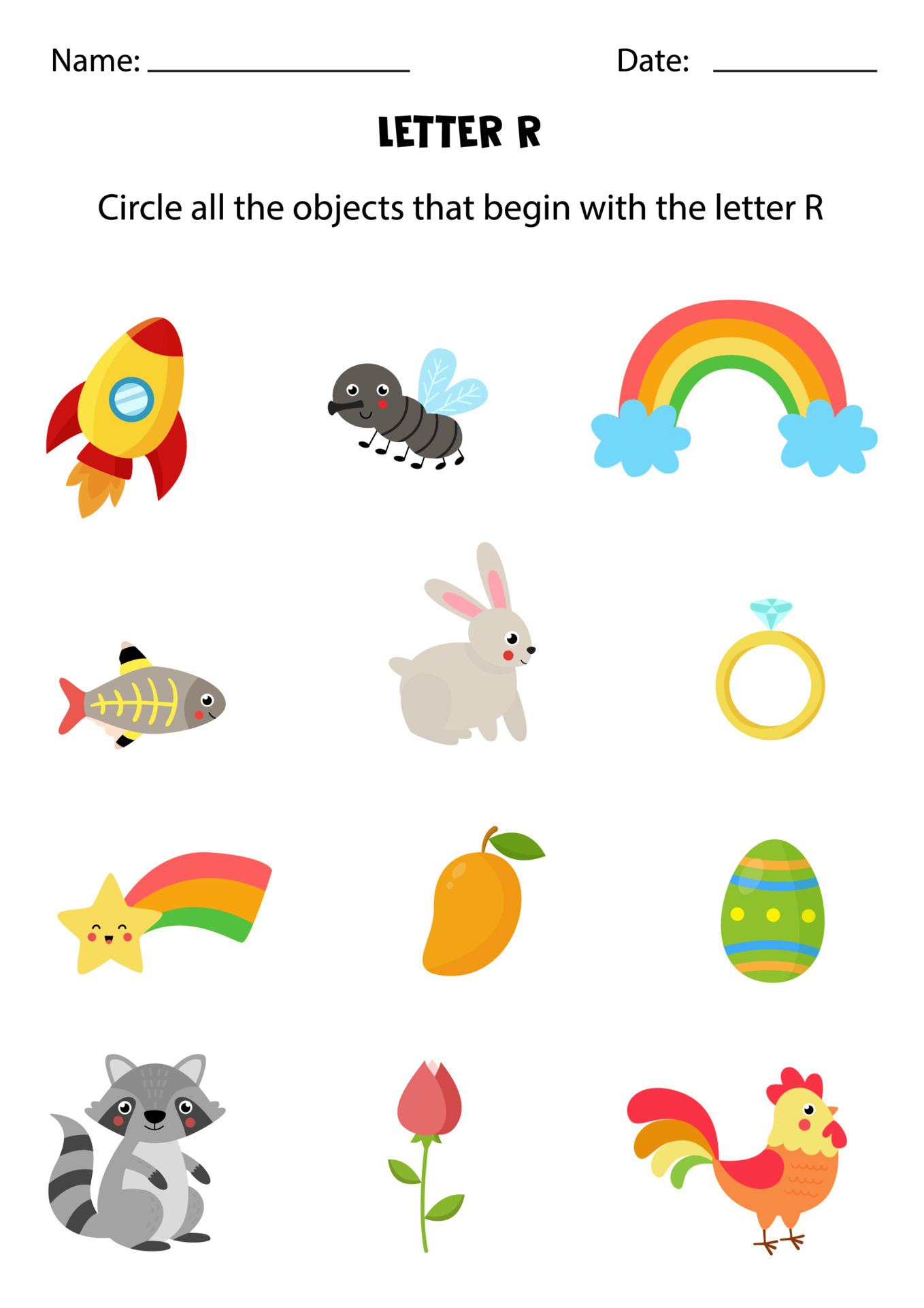 Letter recognition for kids. Circle all objects that start with R. 4863020  Vector Art at Vecteezy