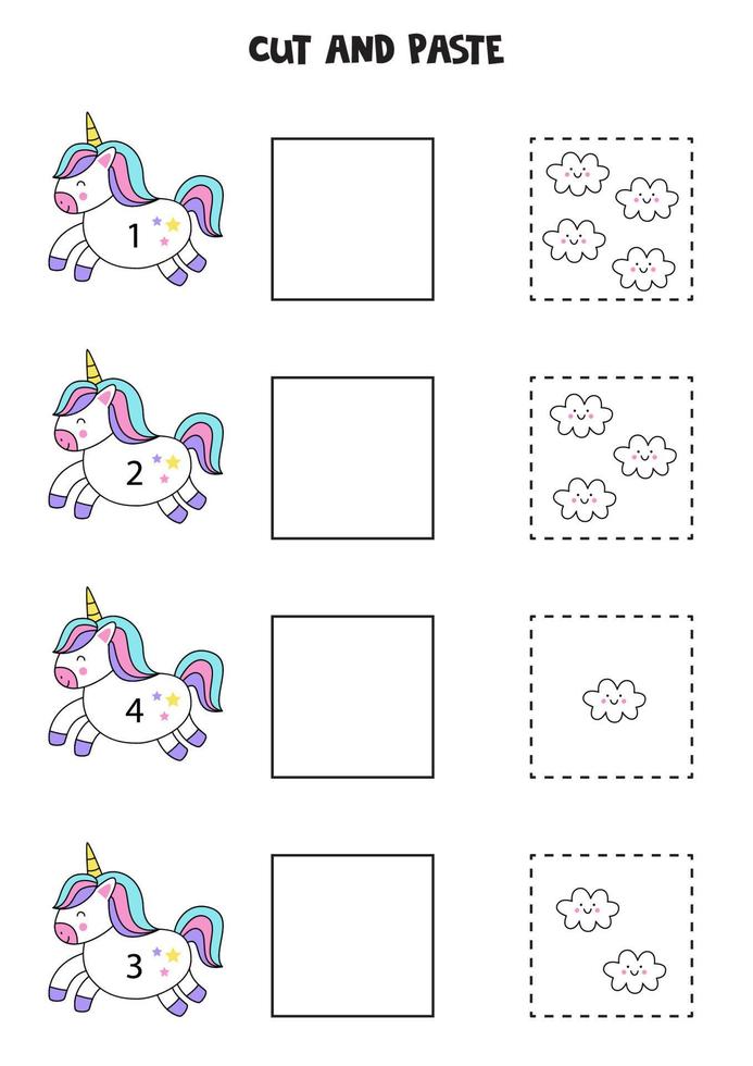 juego de matemáticas para niños. contar y pegar lindas nubes kawaii. vector