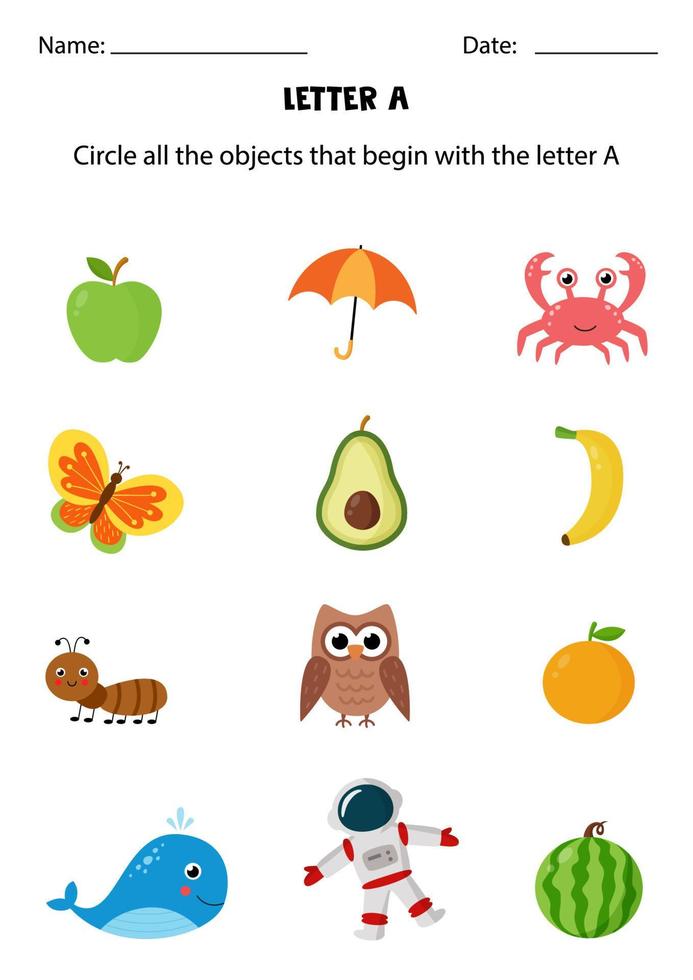 Letter recognition for kids. Circle all objects that start with A. vector