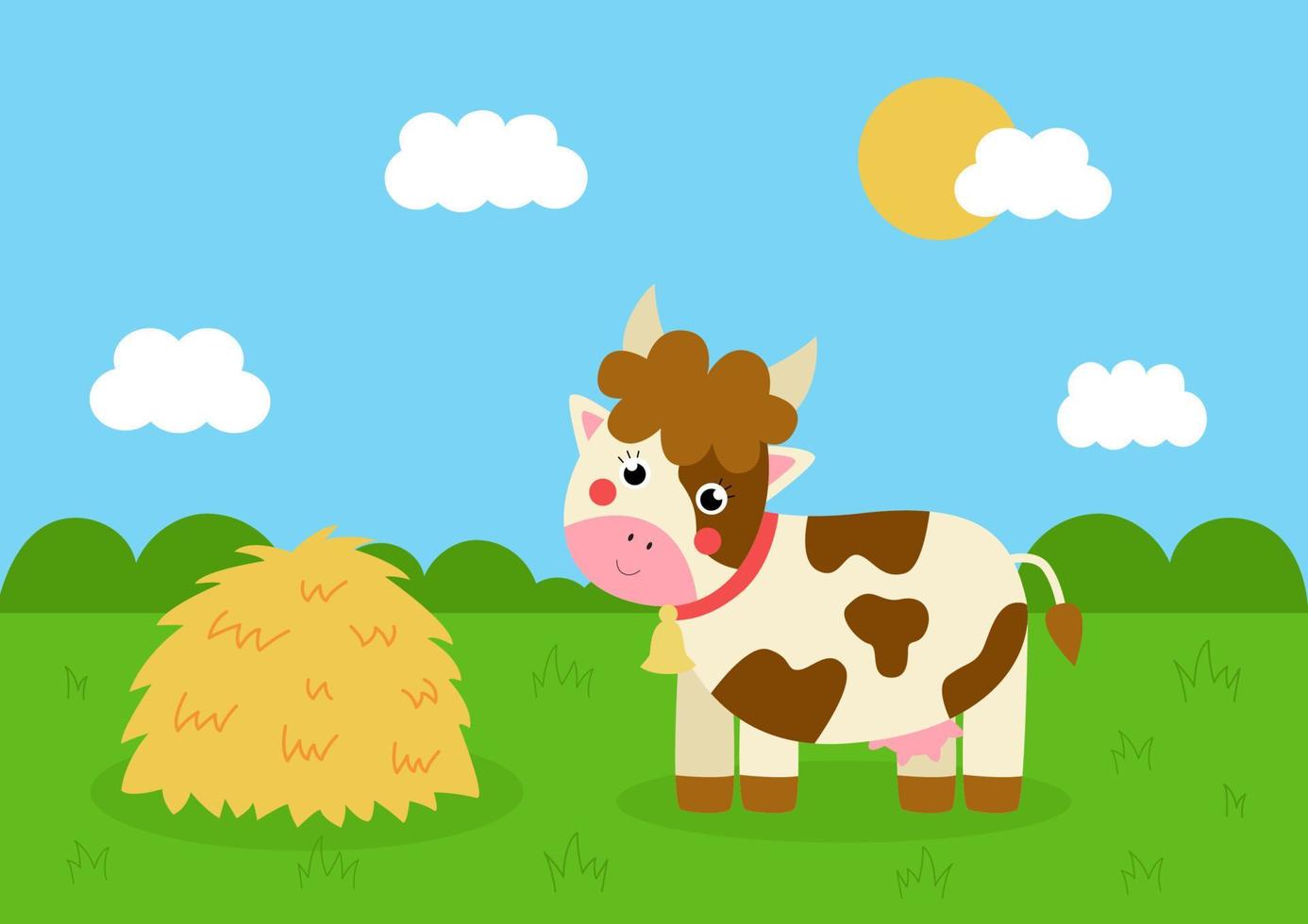 Cute rural landscape with cartoon cow and haystack. vector