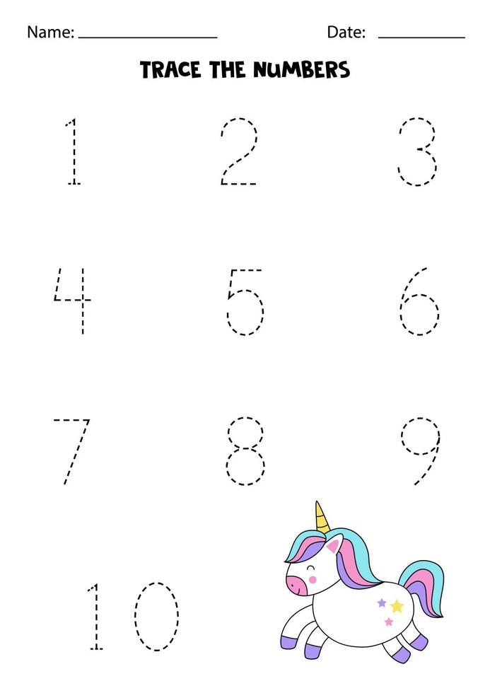 Learning numbers. Tracing numbers. Cute cartoon unicorn. vector