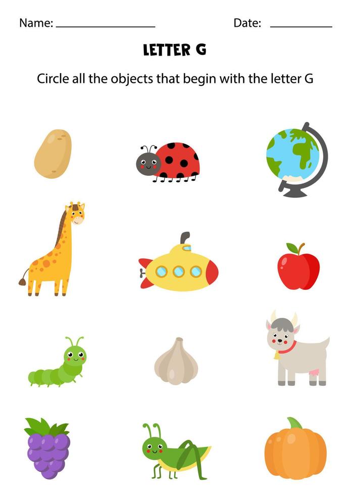 Letter recognition for kids. Circle all objects that start with G. vector