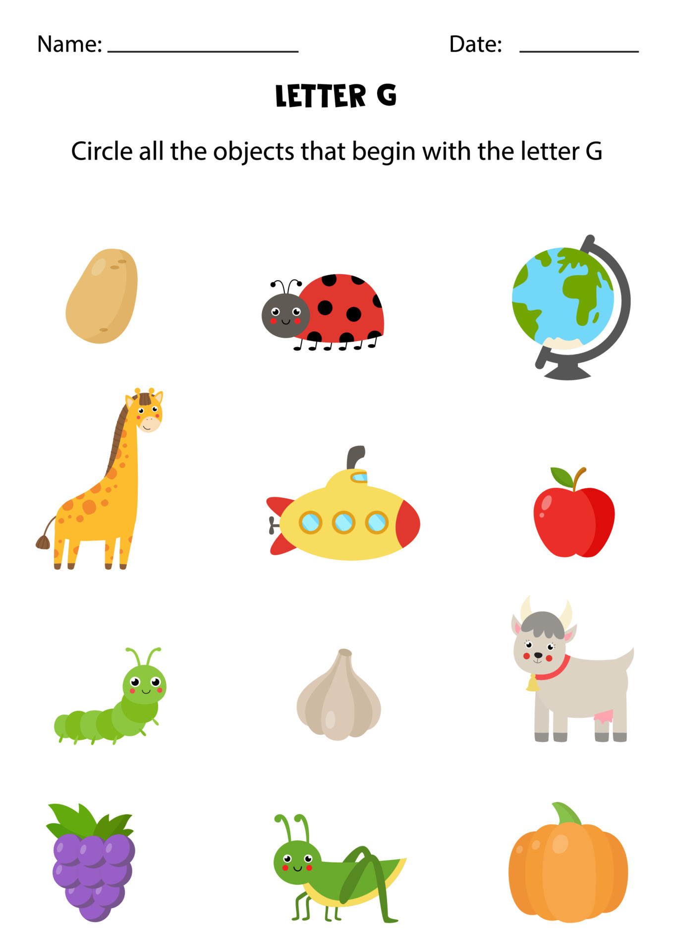 Letter recognition for kids. Circle all objects that start with G. 4863035  Vector Art at Vecteezy