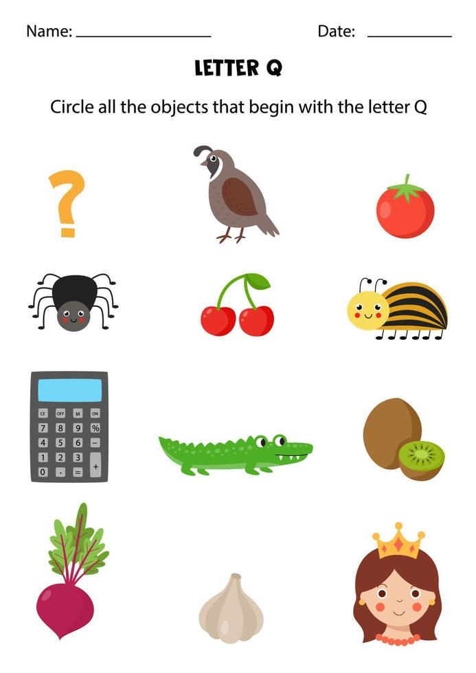 Letter recognition for kids. Circle all objects that start with Q. 4863038  Vector Art at Vecteezy