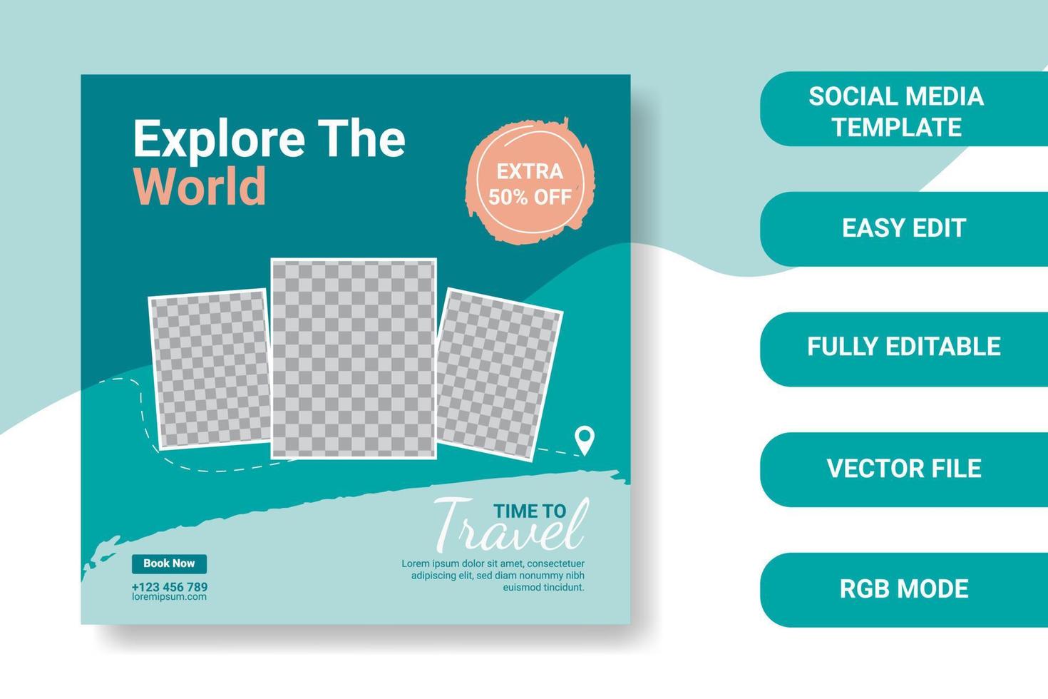 Modern travel social media post template design, perfect for online web banner, advertising, etc. vector