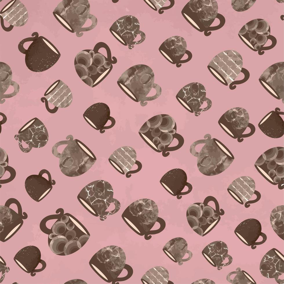 seamless pattern of mugs and cups on a pink background. Hand-drawn illustration vector