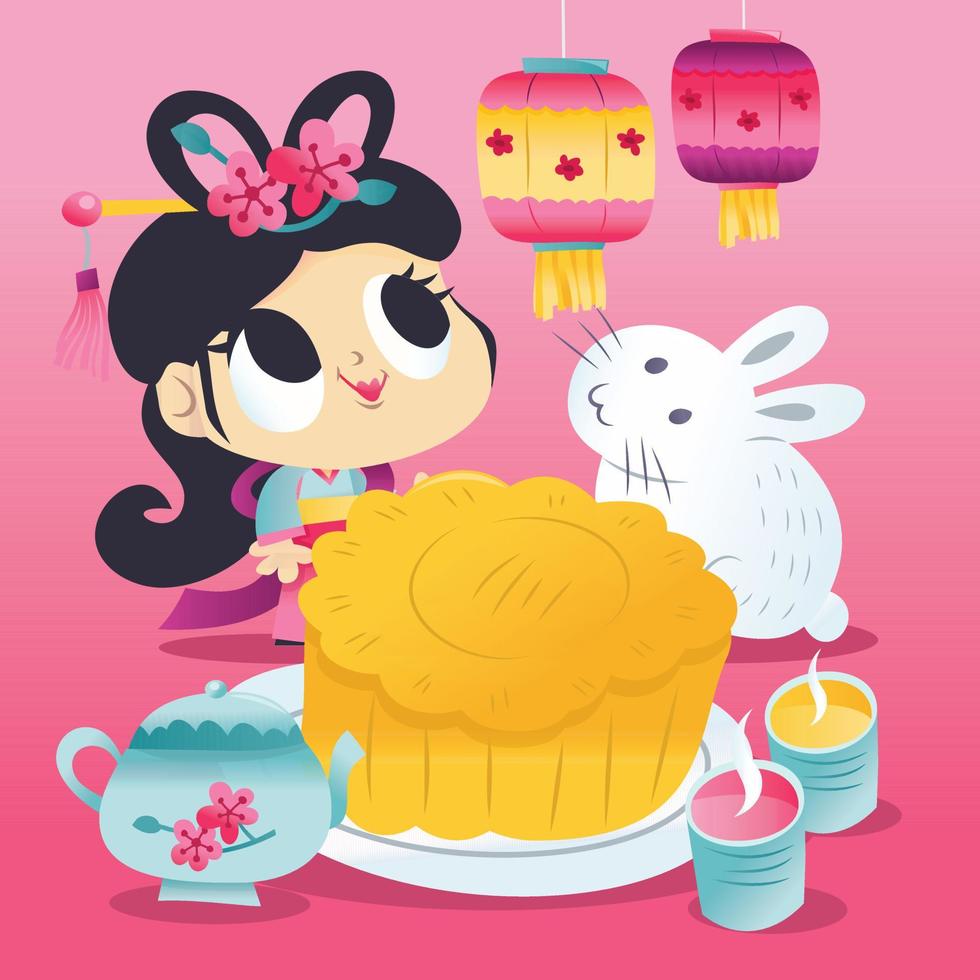 Cartoon Chinese Mid Autumn Festival Goddess Mooncake Tea Party vector
