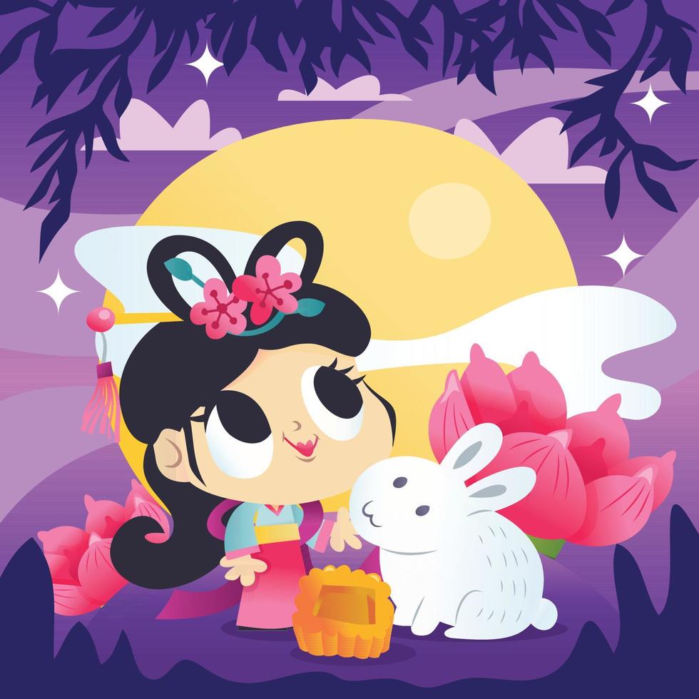 Cartoon Chinese Mid Autumn Festival Goddess Rabbit Moon Scene. vector