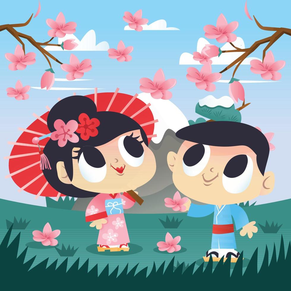 niña de niño de dibujos animados super lindo en el jardín japonés vector