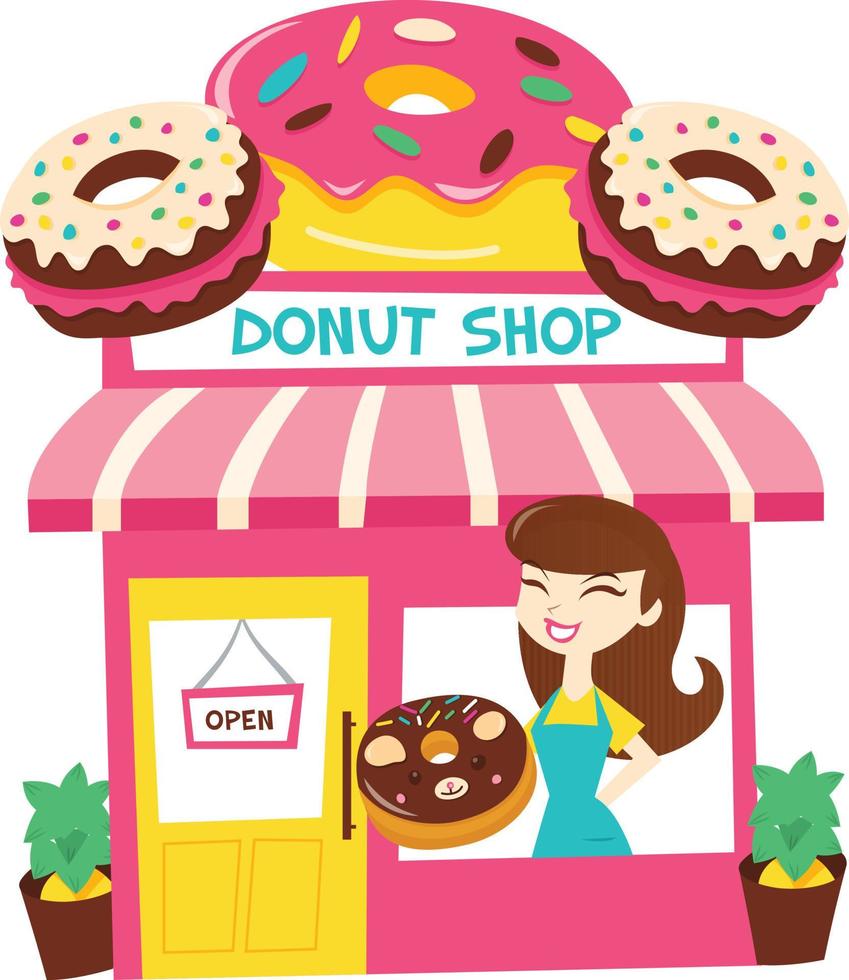 tienda de donas de dibujos animados con tendero en la ventana vector