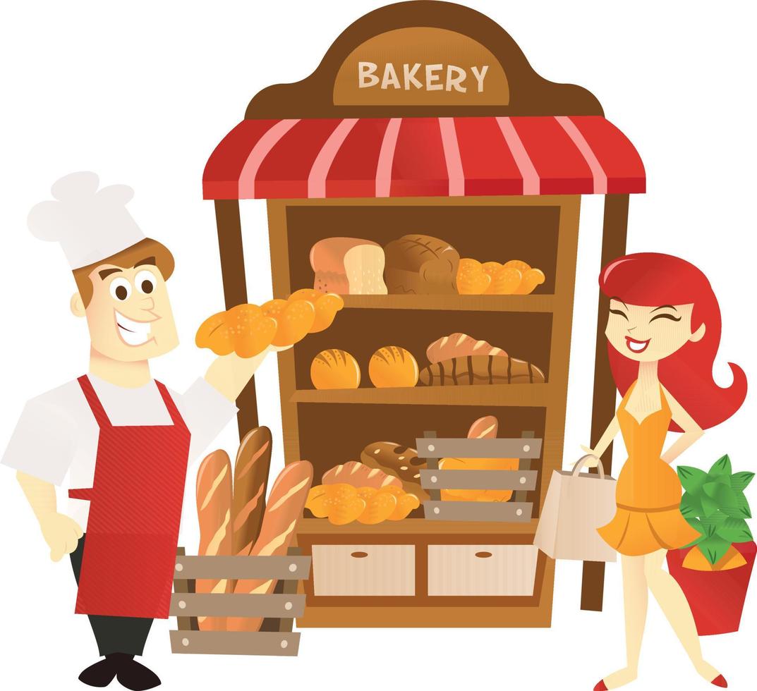 Cartoon Bakery Stall With Storekeeper And Shopper. vector